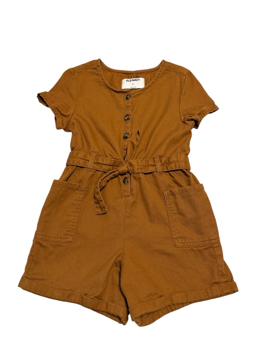 Old Navy Girls' Brown Short Sleeve Button Romper with Waist Tie